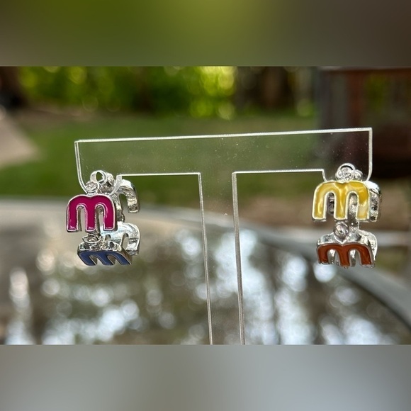 18K White Gold Plated “M” Multicolor Huggie Hoop Earrings with Diamond Accent - Picture 4 of 5